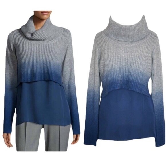 ELIE TAHARI L Sweater Popover Grey Blue Gradient Cashmere Silk Modernist Funnel - Picture 1 of 15